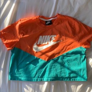 cropped teal and orange shirt sleeve tee shirt